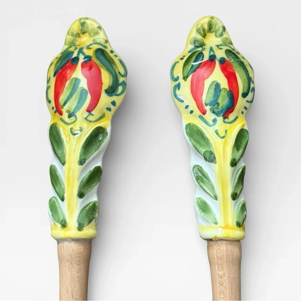 Orvieto Hand-Painted Red Chili Design Ceramic & Wood Salad Serving Fork & Spoon
